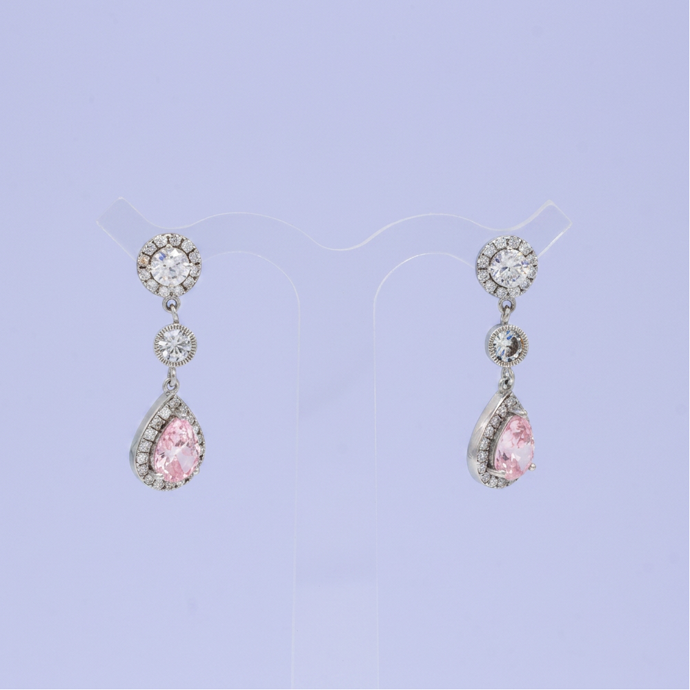 Arete de Plata .925 Gota Colgante Rosa con Zirconias mod. 2775
