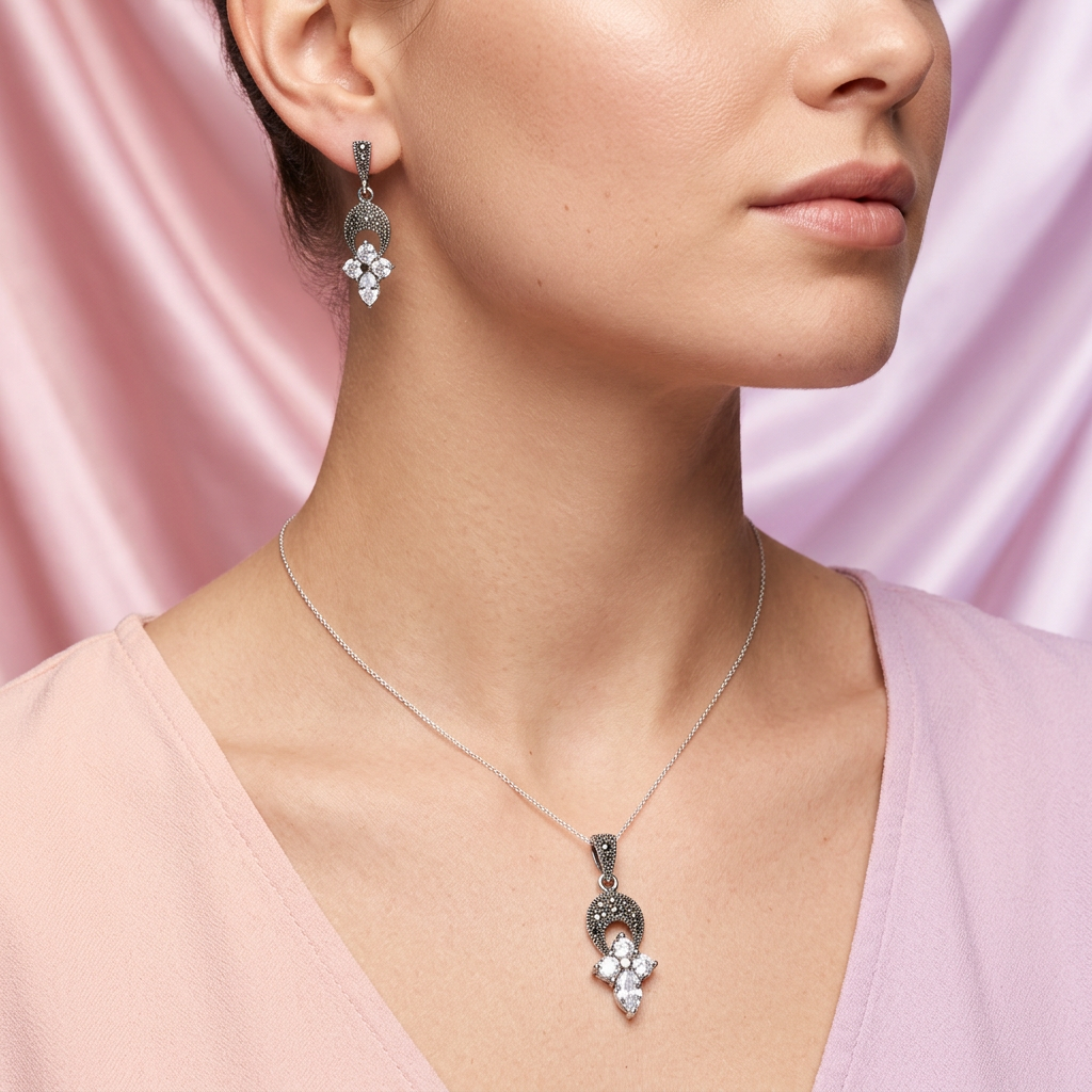 Coordinado de Plata .925 Cruces de Zirconia con Marquesitas mod. 2592
