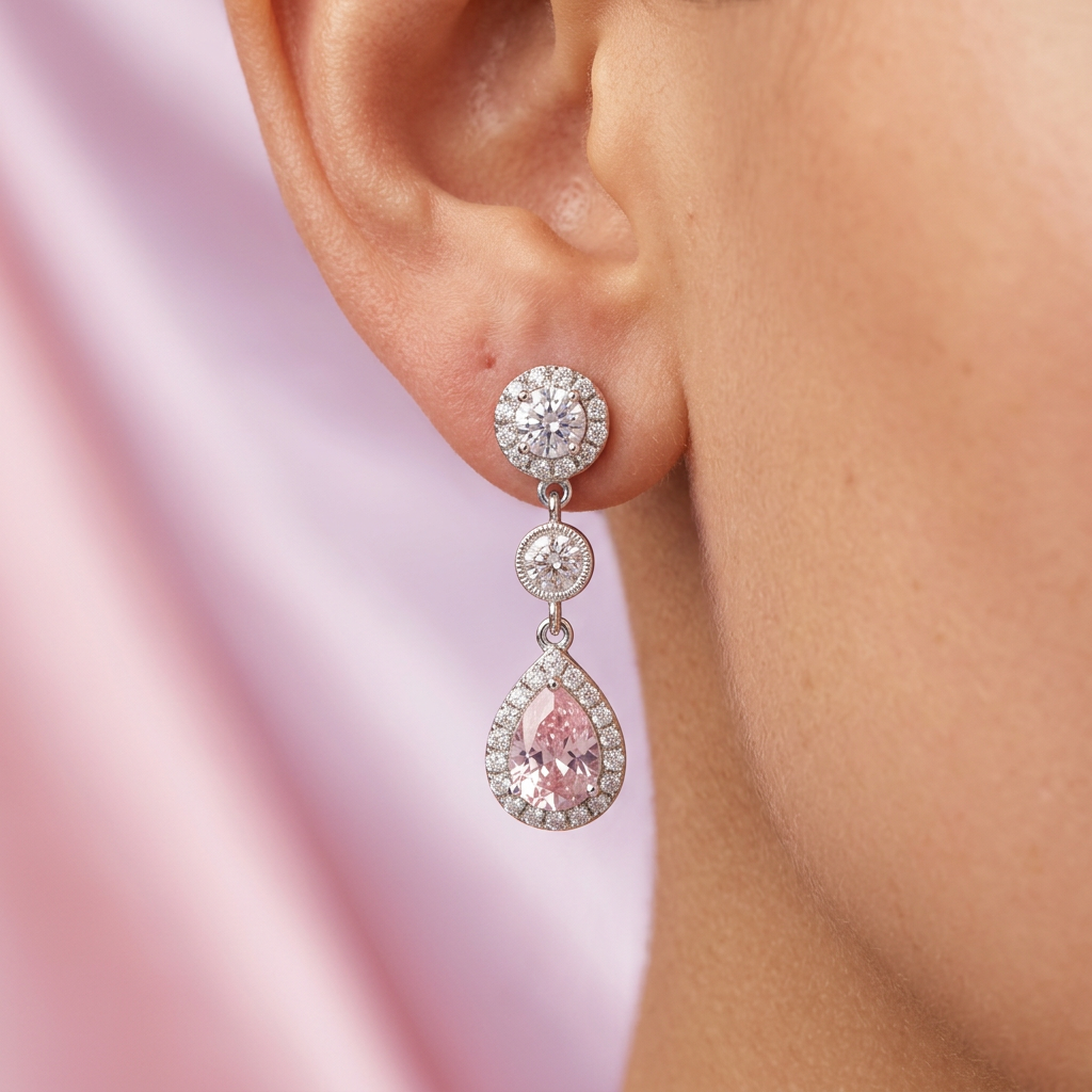 Arete de Plata .925 Gota Colgante Rosa con Zirconias mod. 2775