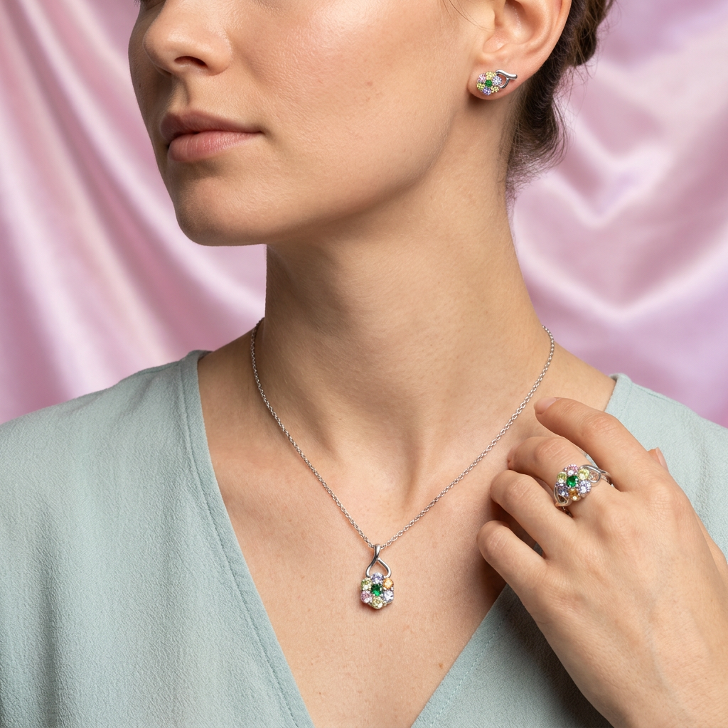 Coordinado de Plata .025 Flores de Color Pastel mod. 2481