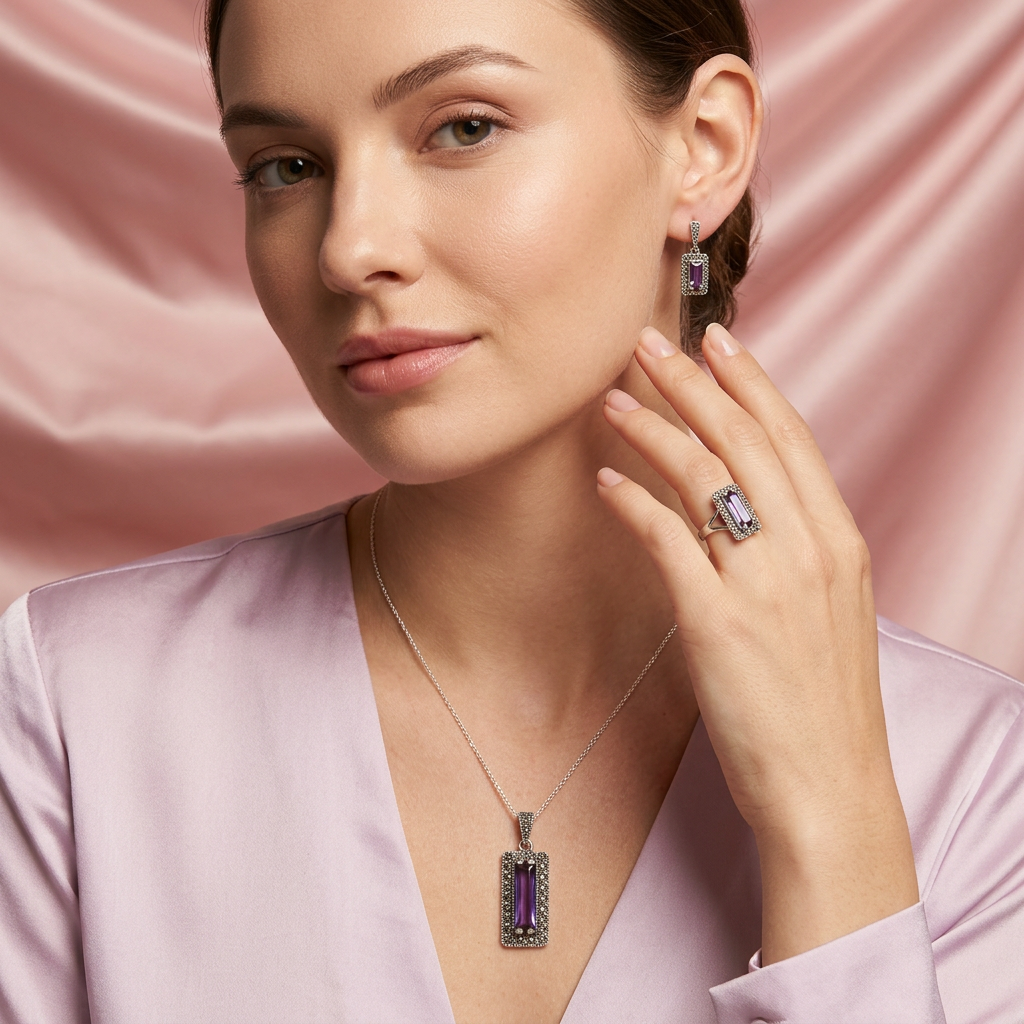 Coordinado de Plata .925 Marquesitas con Detalles Lila mod. 2590