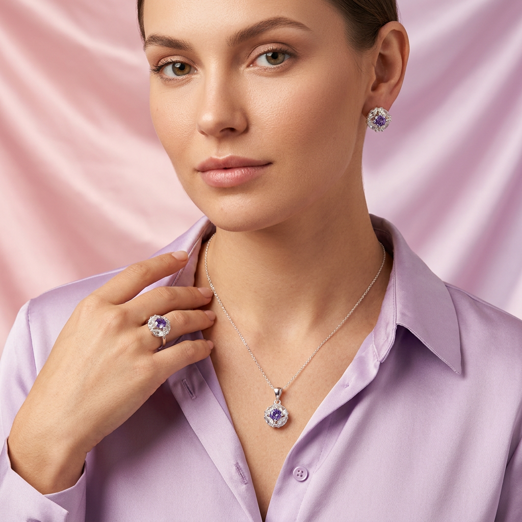 Coordinado de Plata .925 Elipse de Bello Color Lila mod. 2589