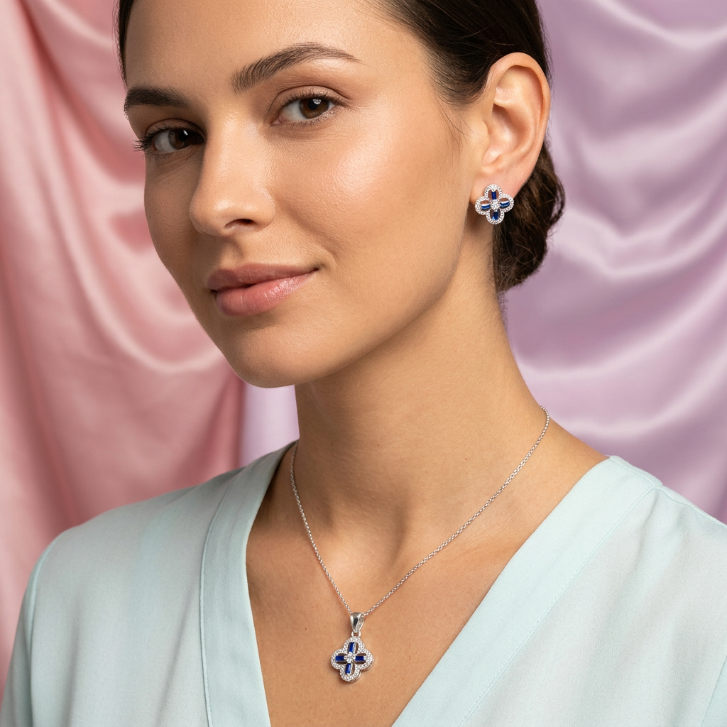 Coordinado de Plata .925 Flor de Cruz Incrustada de Zirconias mod. 2585