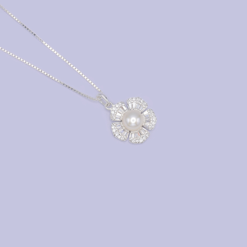Gargantilla de Plata .925  Flor con Perla Incrustacion de Zirconias mod. 2611