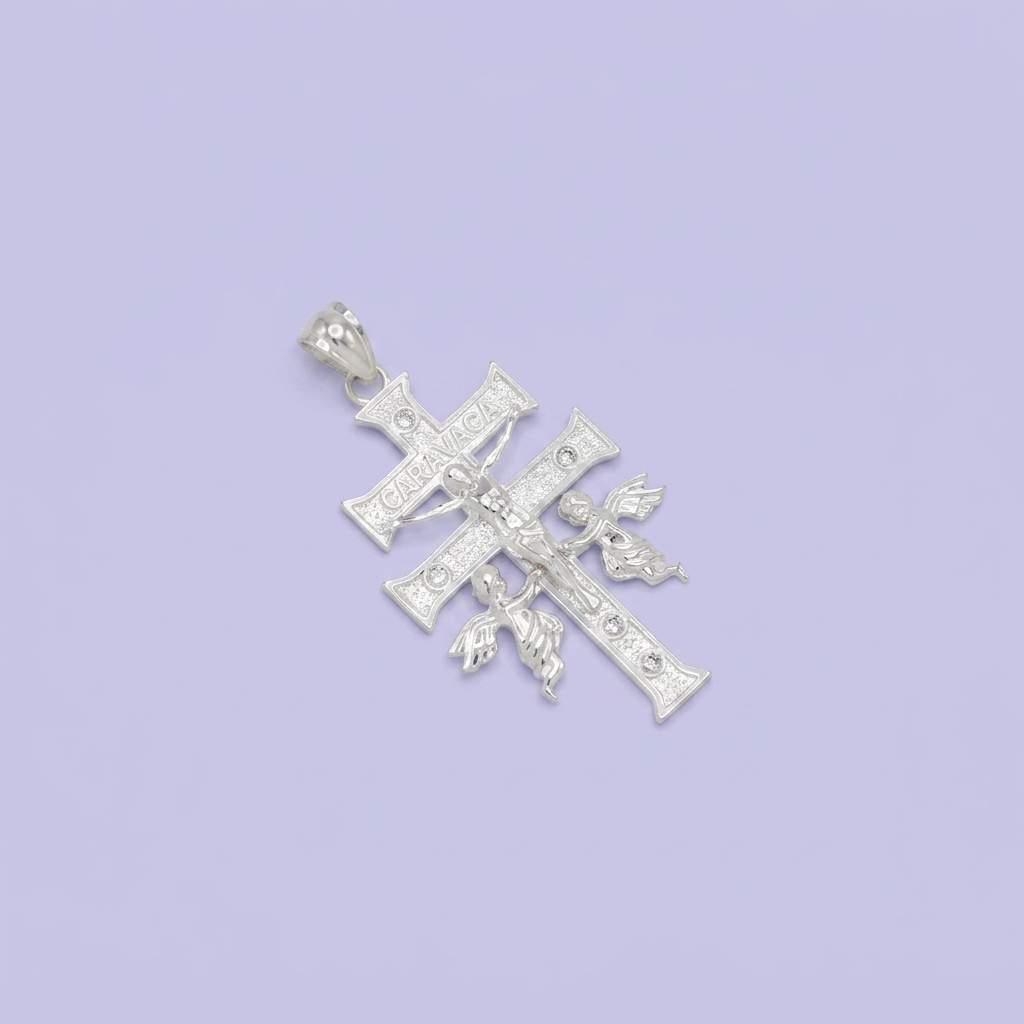 Dije de Plata .925  Cruz de Caravaca Angeles con Zirconias mod. 2743