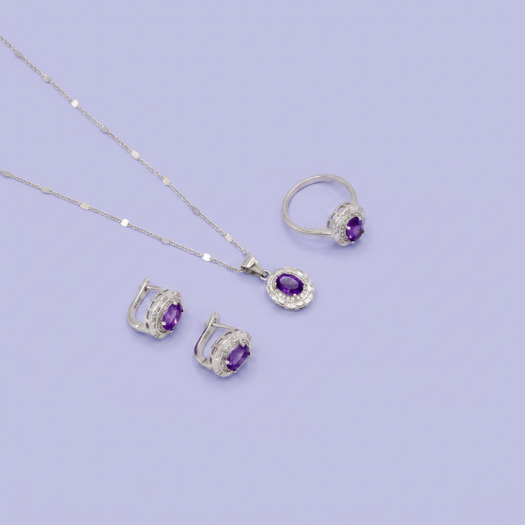 Coordinado de Plata .925 Diseño Oval Violeta e Incrustación de Zirconias mod. 2955