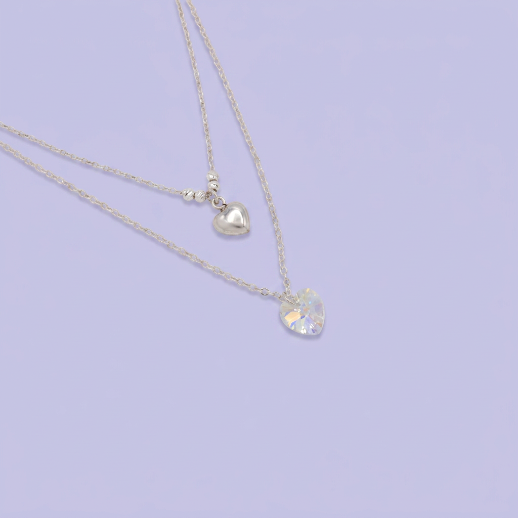 Gargantilla de Plata .925 Diseño Doble con Corazón Inflado y Corazón Swarovski de Tono Tornazol mod. 2990
