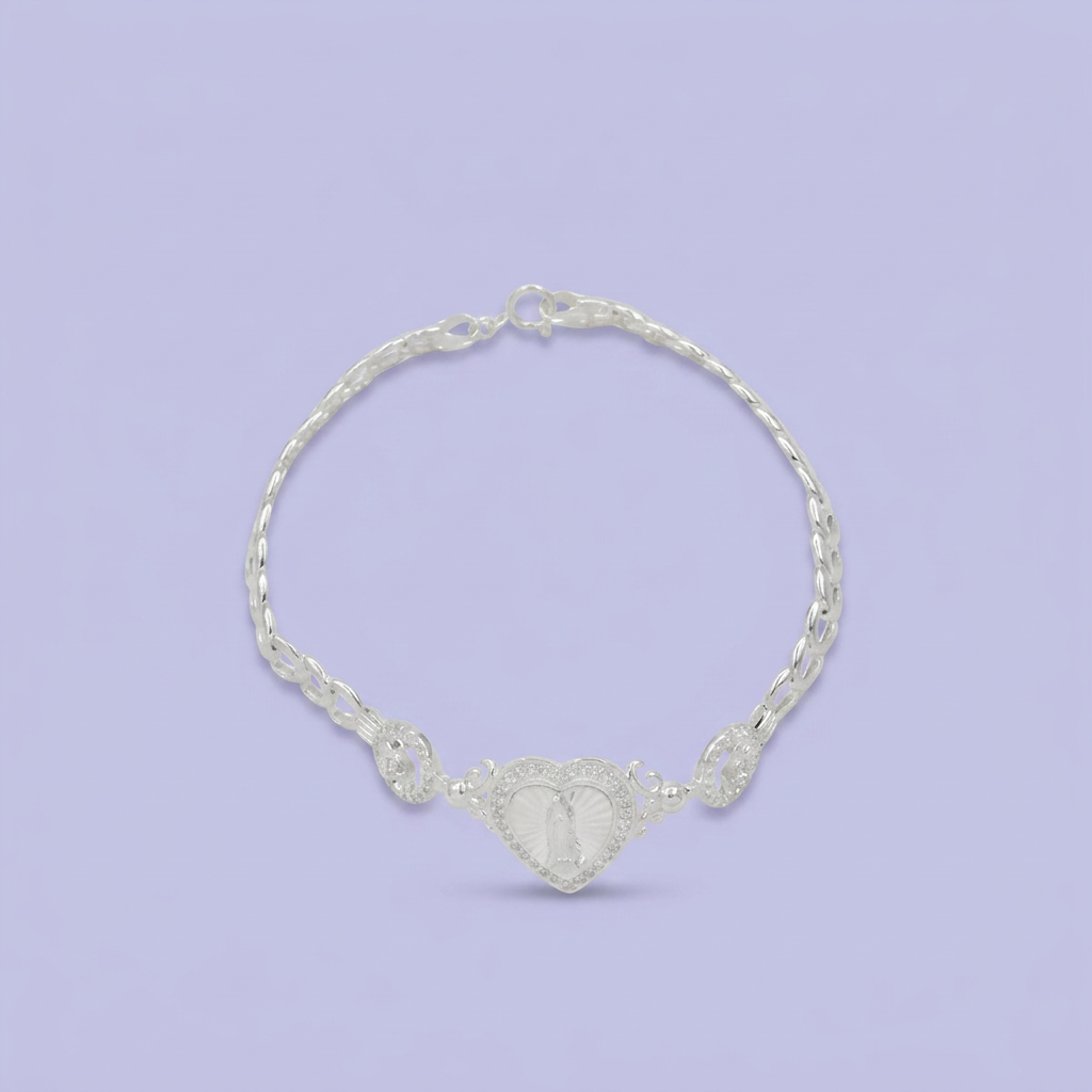 Pulsera de Plata .925  Virgen de Guadalupe con Diseño de flores y Zirconia mod. 2734