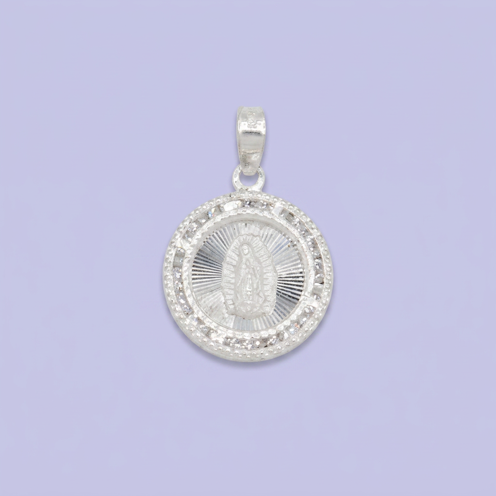 Medalla de Plata .925 Virgen Guadalupe en Diamantado Fino y Bisel de Zirconias mod. 2565
