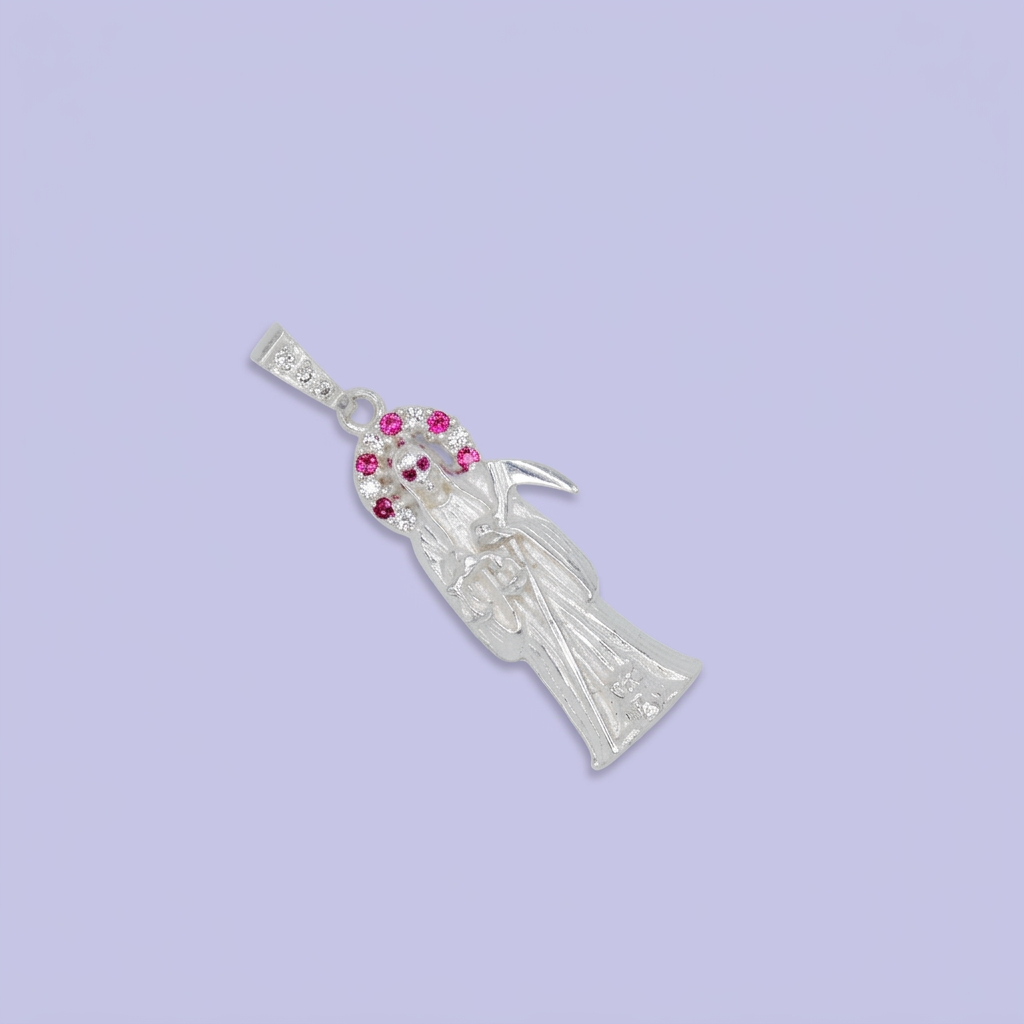 Dije Bulto de Plata .925 Santa Muerte con Zirconias de Tono Magenta mod. 2544