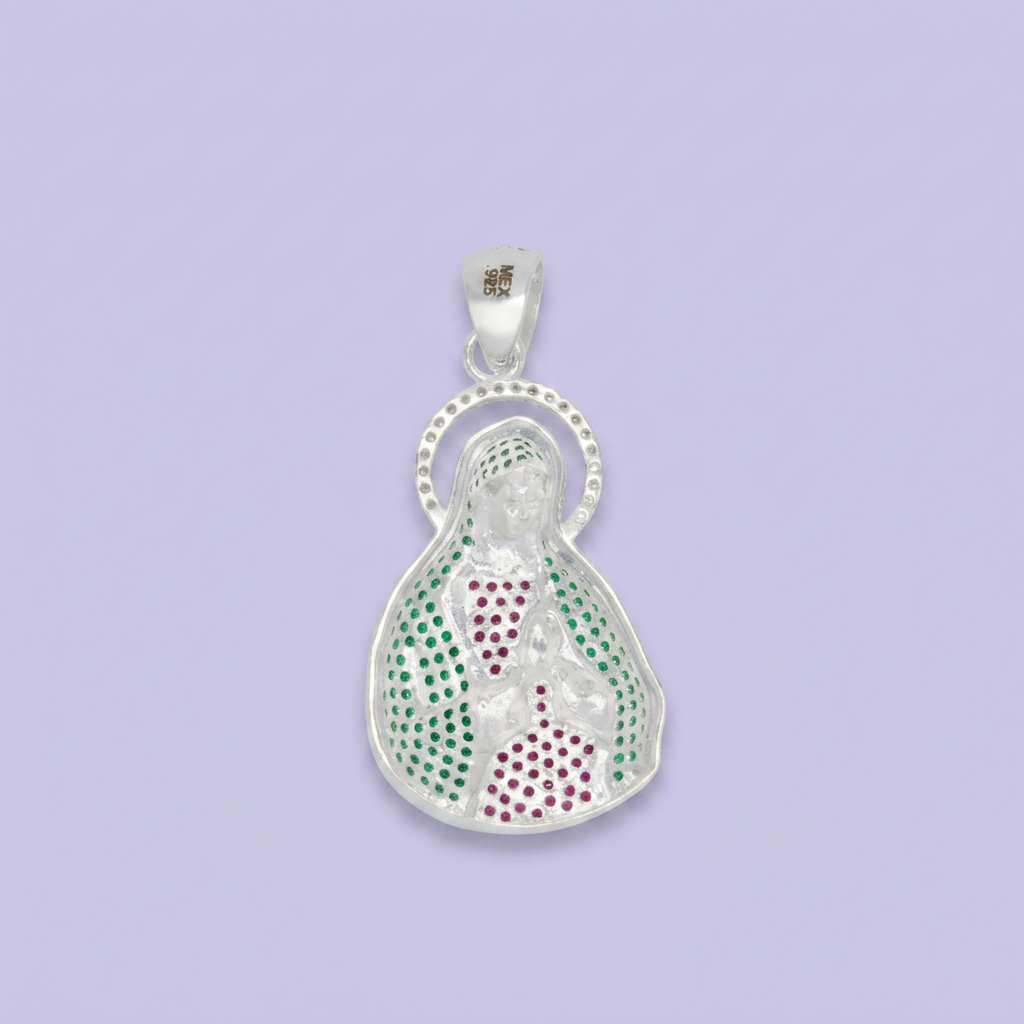 Dije Bulto de Plata .925 Busto de Virgen Guadalupe Incrustada con Zirconias Finas mod. 2550