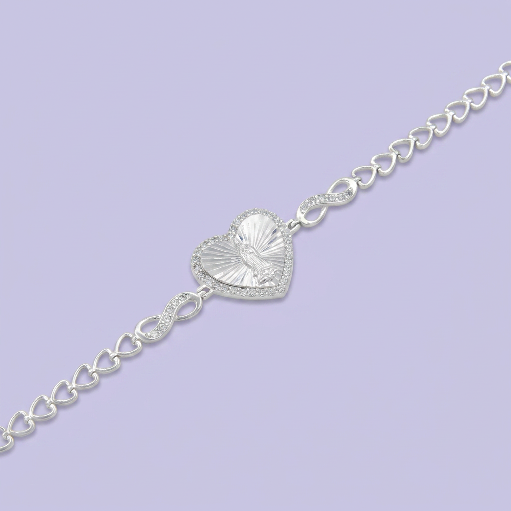 Pulsera de Plata .925  Virgen de Guadalupe con Diseño de Corazón y Zirconia mod. 2735