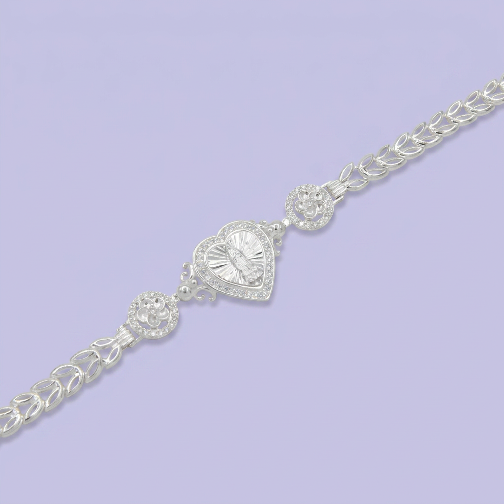 Pulsera de Plata .925  Virgen de Guadalupe con Diseño de flores y Zirconia mod. 2734