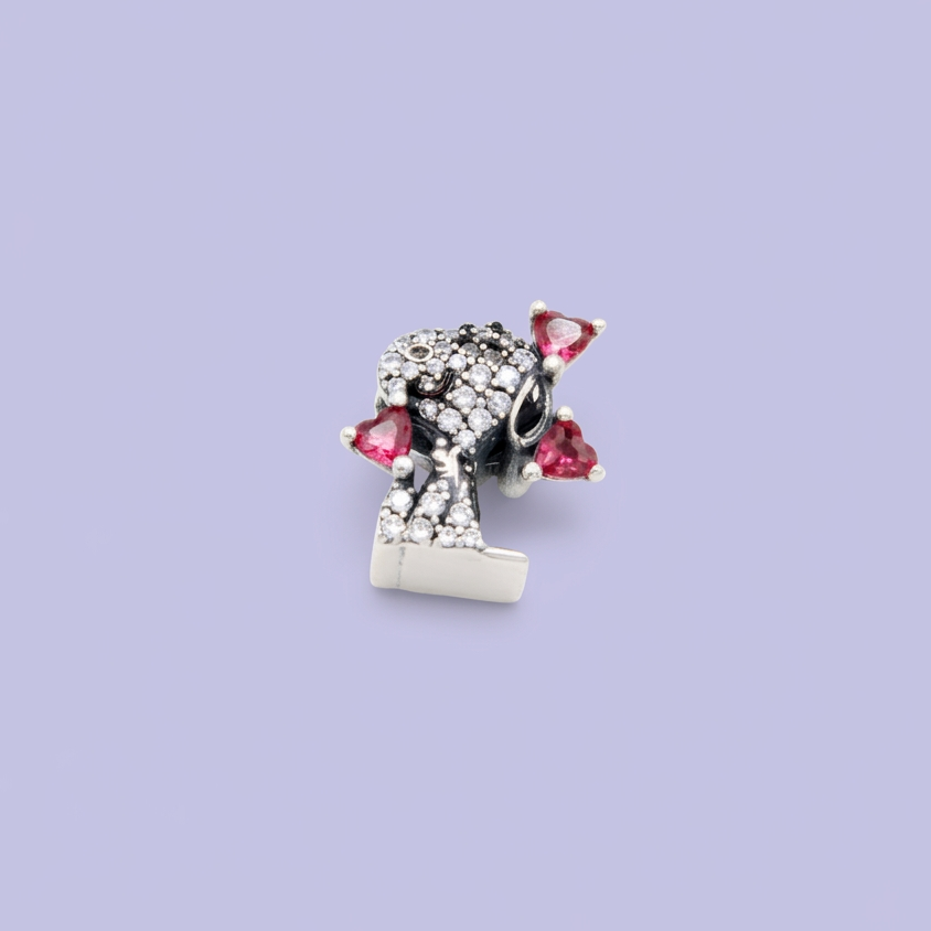 Dije de Plata .925 Estilo Charm de Perro y Corazones con Incrustación de Zirconias mod. 2911