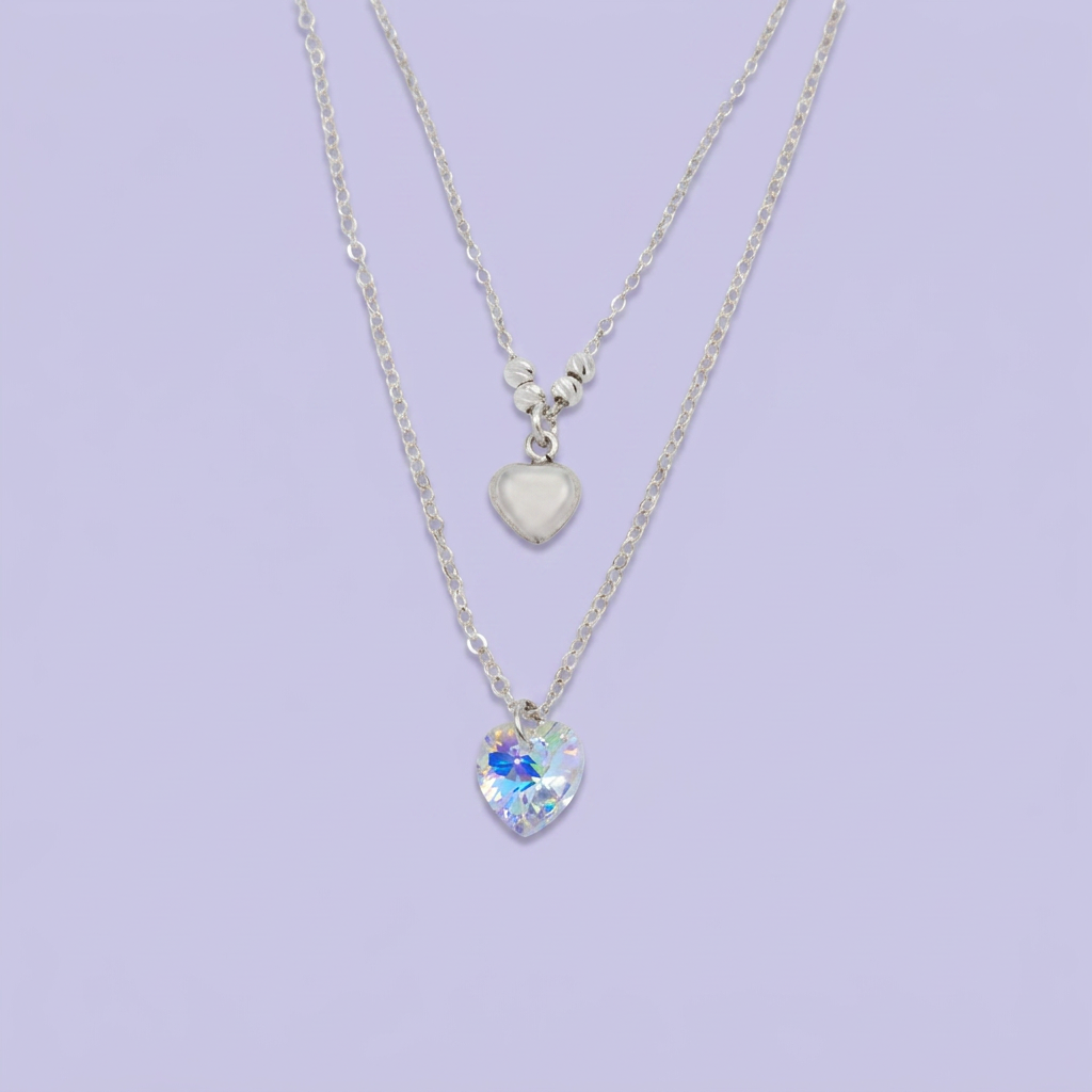 Gargantilla de Plata .925 Diseño Doble con Corazón Inflado y Corazón Swarovski de Tono Tornazol mod. 2990