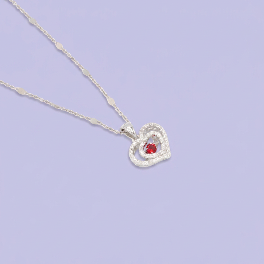 Coordinado de Plata .925 Corazón Doble con Incrustación de Zirconias y Centro de Zirconia Rojo mod. 2945