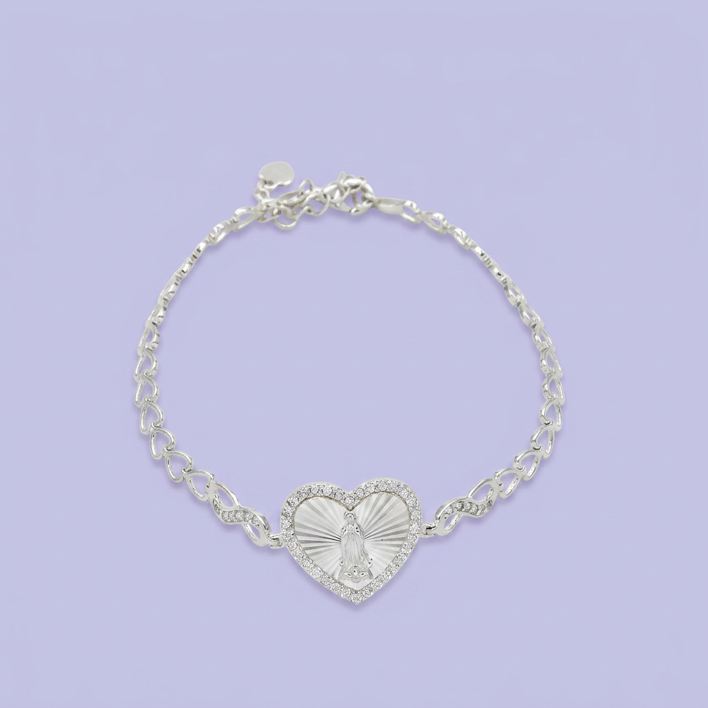 Pulsera de Plata .925  Virgen de Guadalupe con Diseño de Corazón y Zirconia mod. 2735