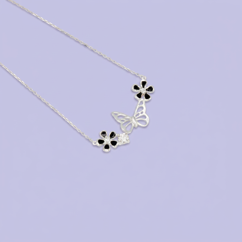 Gargantilla de Plata .925  Mariposas con Flores e Incrustación de Zirconias mod. 2612
