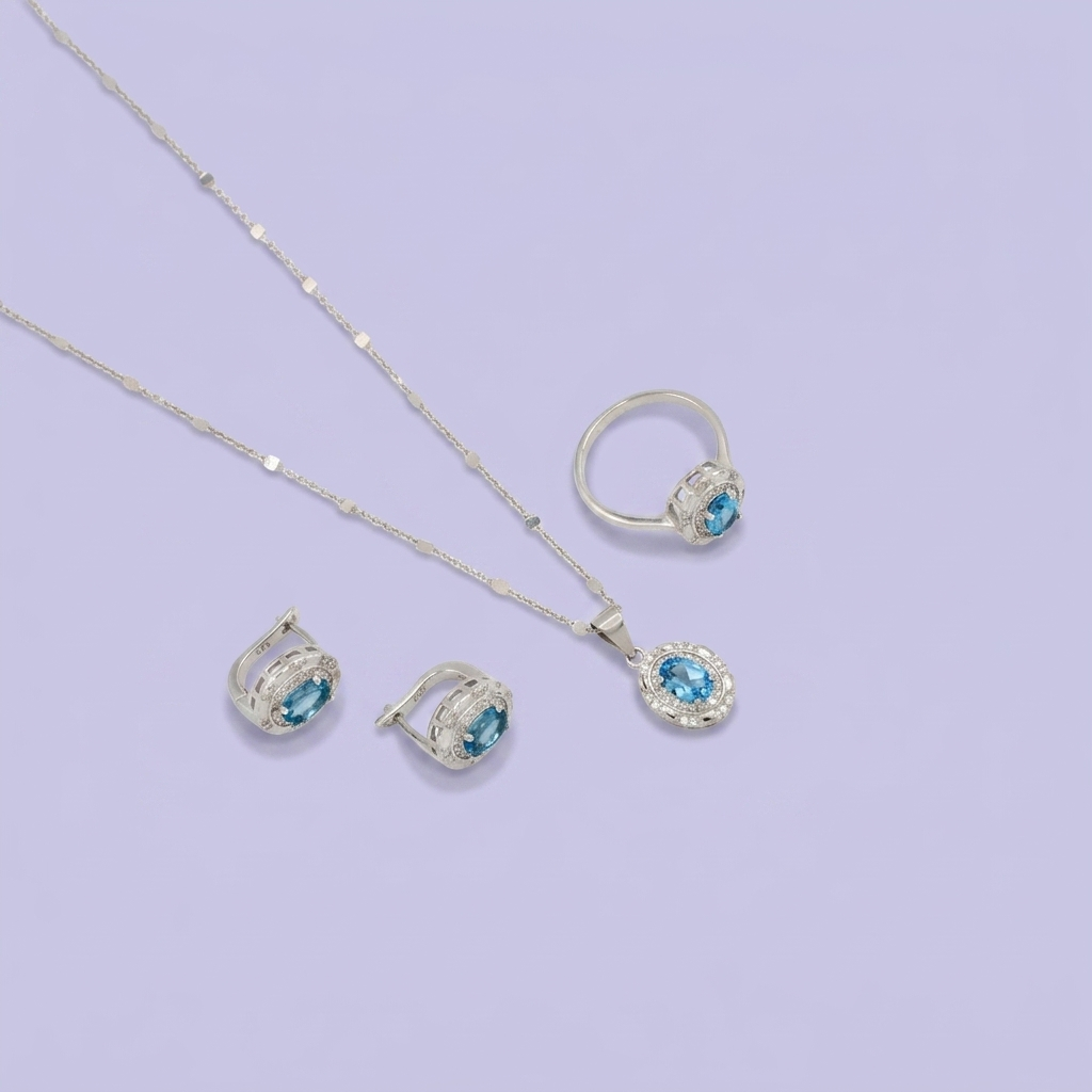 Coordinado de Plata .925  Con Diseño Oval Azul Cielo e Incrustación de Zirconias mod. 2952