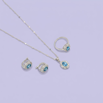 Coordinado de Plata .925  Con Diseño Oval Azul Cielo e Incrustación de Zirconias mod. 2952