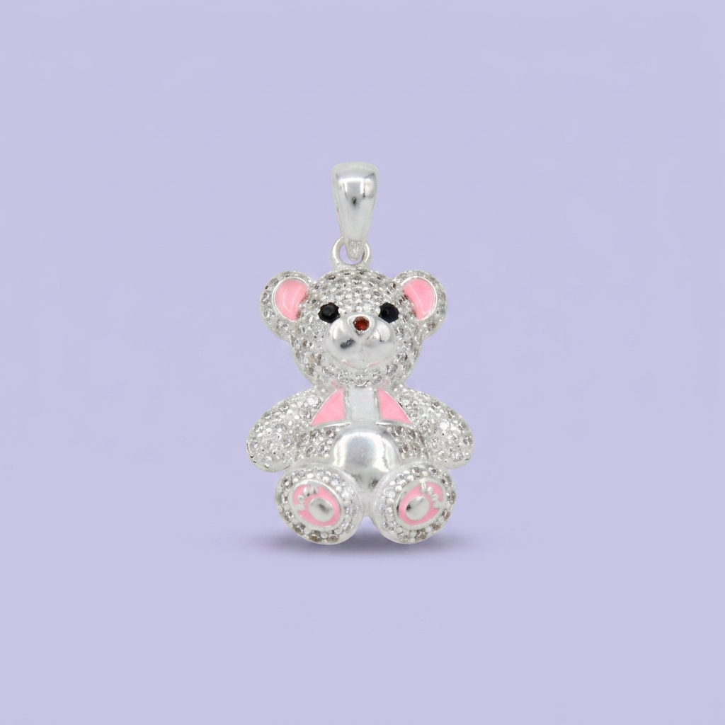 Dije de Plata .925 Pequeño Oso con Esmalte Rosa y Zirconias mod. 2762