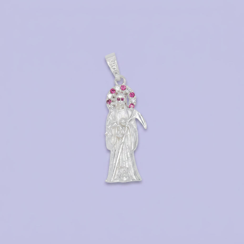 Dije Bulto de Plata .925 Santa Muerte con Zirconias de Tono Magenta mod. 2544