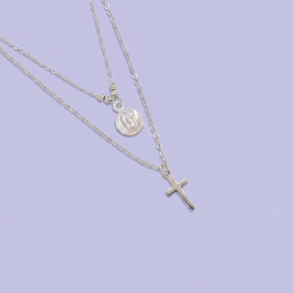 Gargantilla de Plata .925 Diseño Doble con Pequeña Medalla de la Virgen y Cruz Brillante mod. 2991
