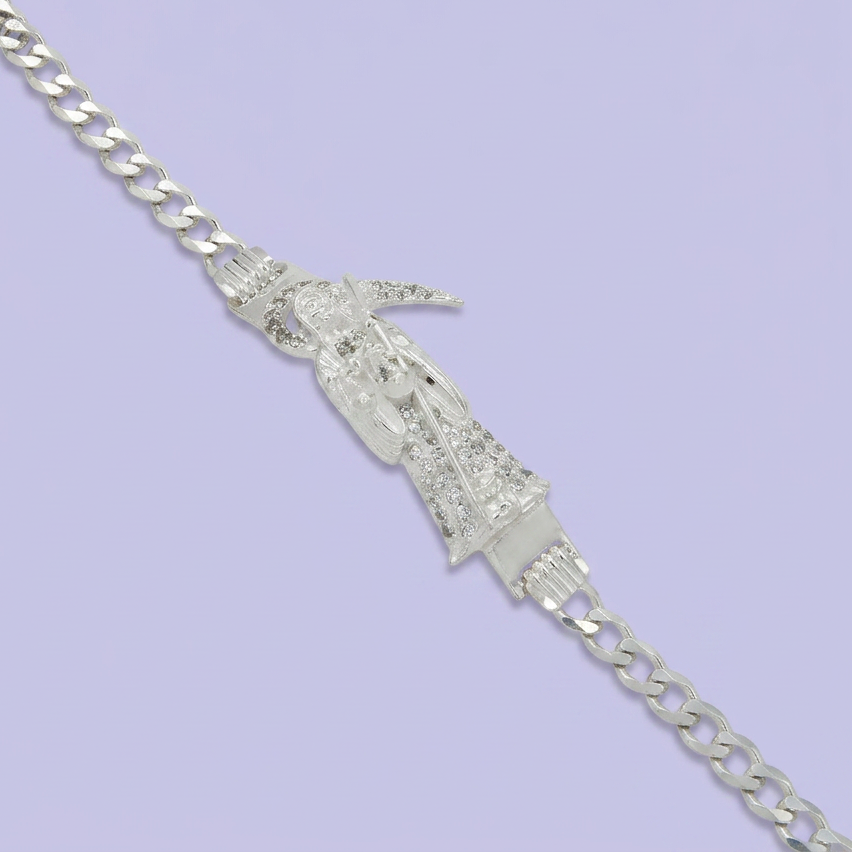 Esclava de Plata .925. de Tejido Barbado Diseño Santa Muerte con Zirconias mod. 2411