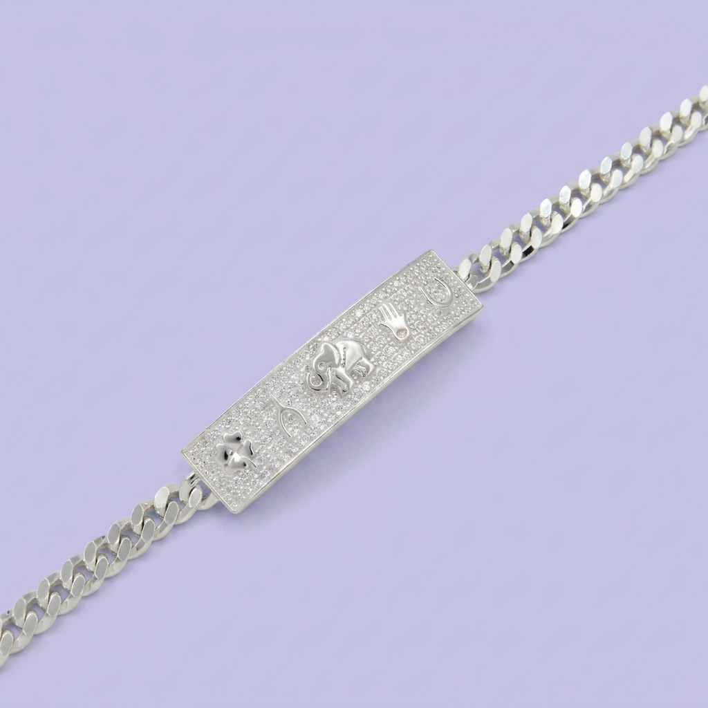 Pulsera de Plata .925 Tejido Barbado con Placa de la Fortuna con Zirconia mod. 2738