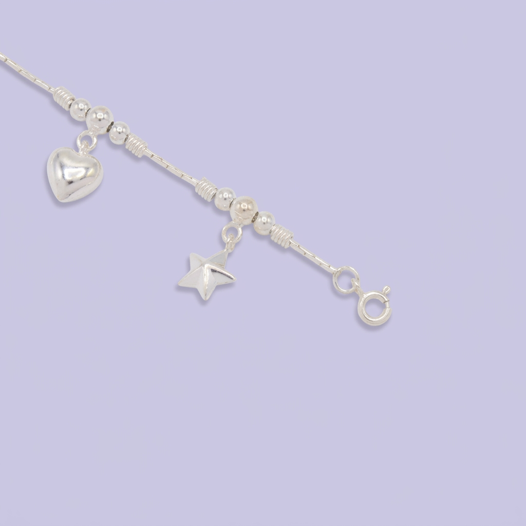 Pulsera de Plata .925 de Tejido Especial con Dijes de Corazón y Estrella mod. 2863