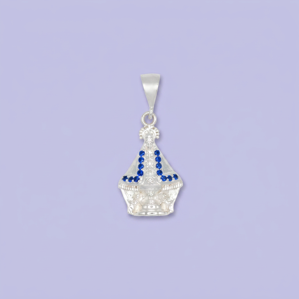 Dije Bulto de Plata .925 Virgen de Juquila con Zirconias de Tono Azul mod. 2552