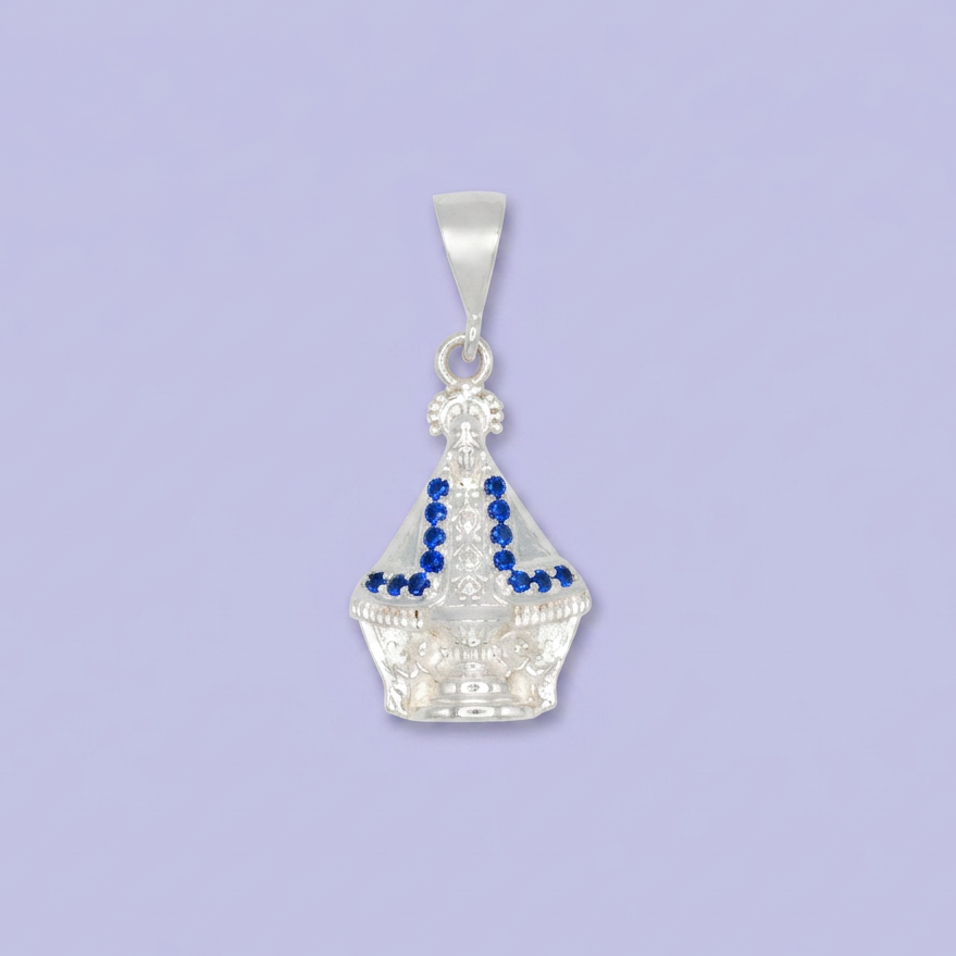 Dije Bulto de Plata .925 Virgen de Juquila con Zirconias de Tono Azul mod. 2552