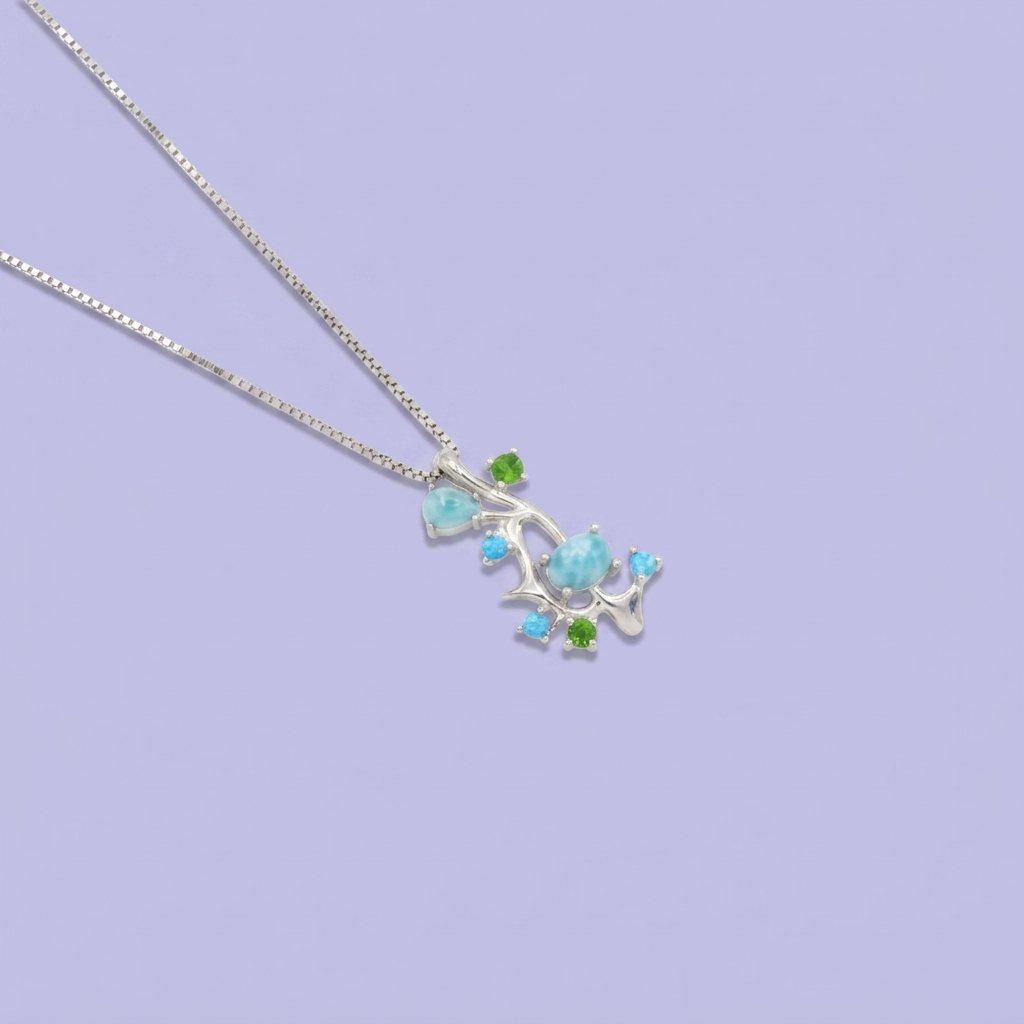Coordinado de Plata .925 Diseño de Ramas con Zirconia Turquesa y Verde mod. 2953