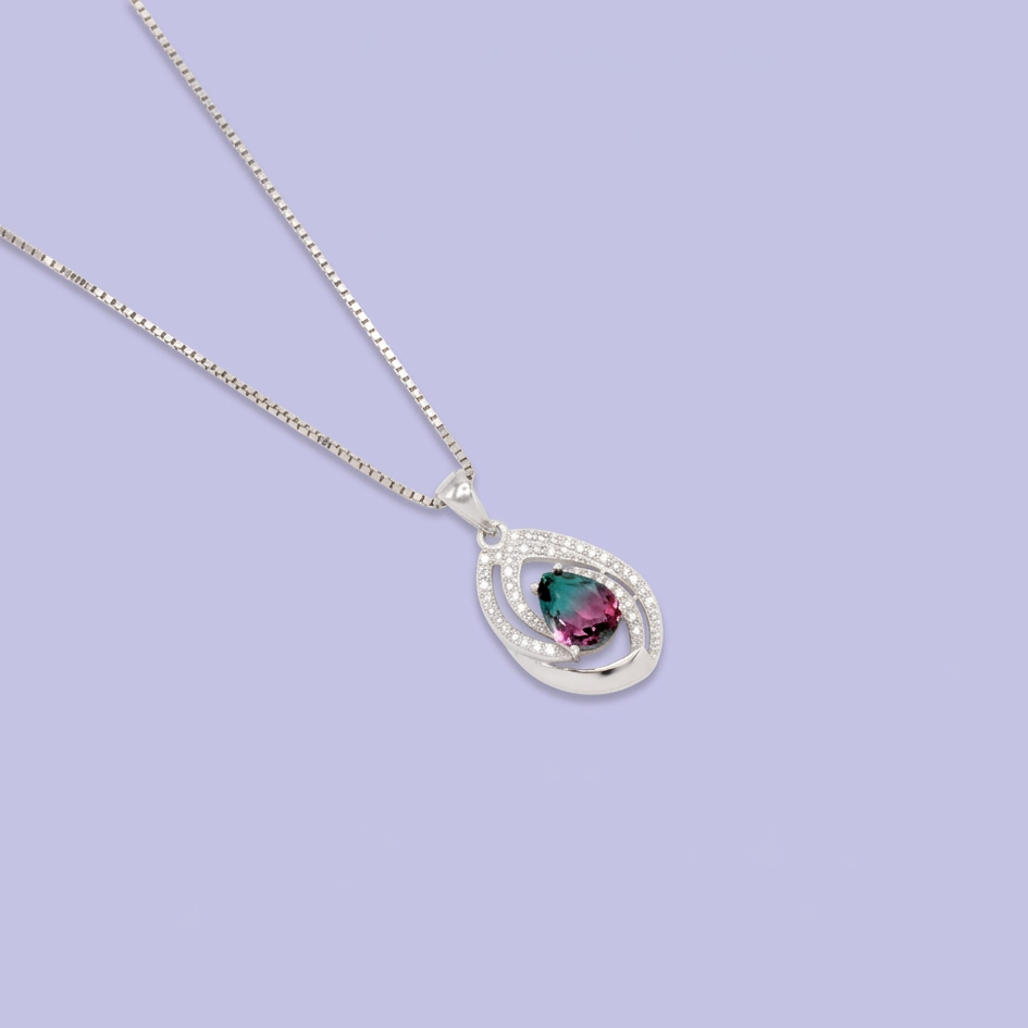 Coordinado de Plata .925 Pétalo Doble Fucsia y Verde con Incrustación de Zirconias mod. 2947