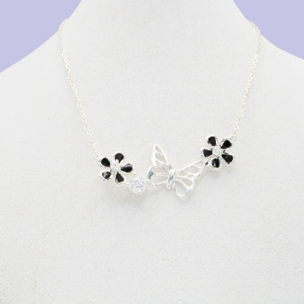 Gargantilla de Plata .925  Mariposas con Flores e Incrustación de Zirconias mod. 2612