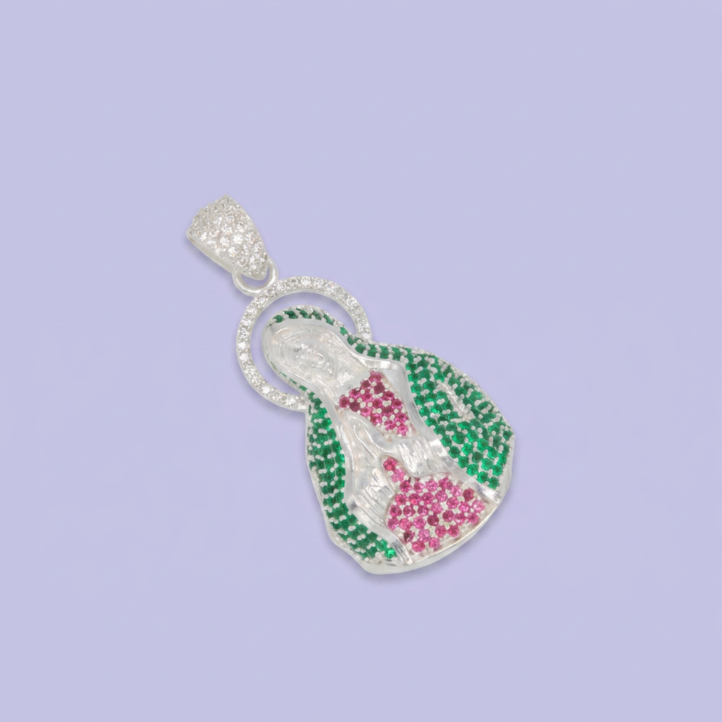 Dije Bulto de Plata .925 Busto de Virgen Guadalupe Incrustada con Zirconias Finas mod. 2550