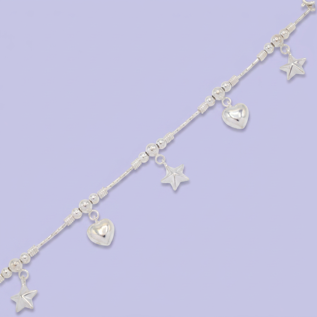 Pulsera de Plata .925 de Tejido Especial con Dijes de Corazón y Estrella mod. 2863