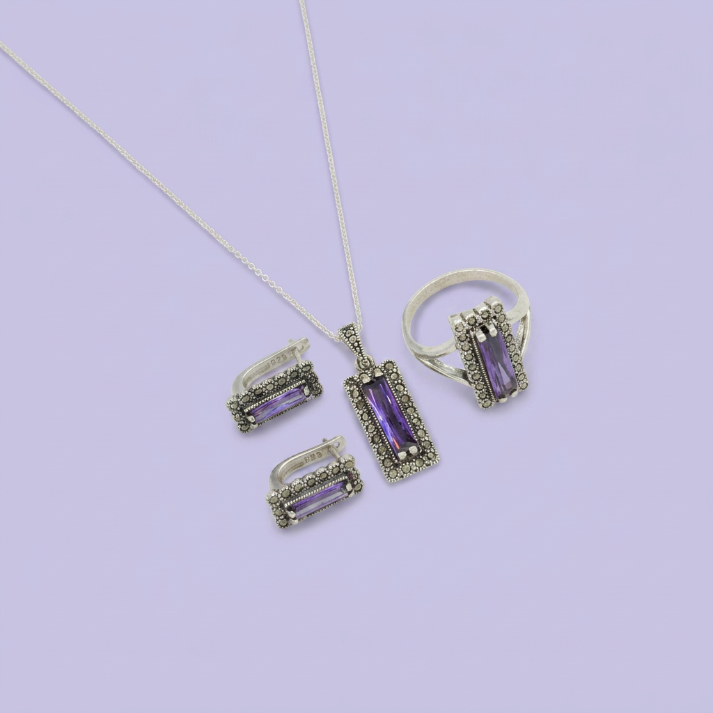 Coordinado de Plata .925 Marquesitas con Detalles Lila mod. 2590