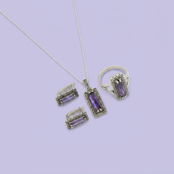 Coordinado de Plata .925 Marquesitas con Detalles Lila mod. 2590