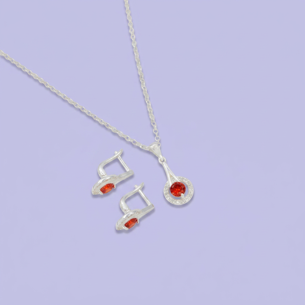 Coordinado de Plata .925 Halo de Zirconias de Centro Naranja mod. 2587