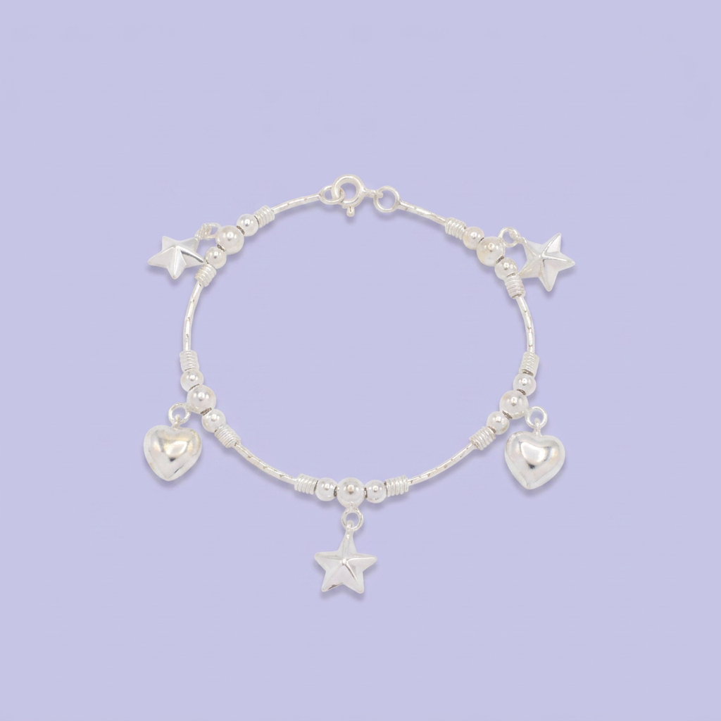 Pulsera de Plata .925 de Tejido Especial con Dijes de Corazón y Estrella mod. 2863