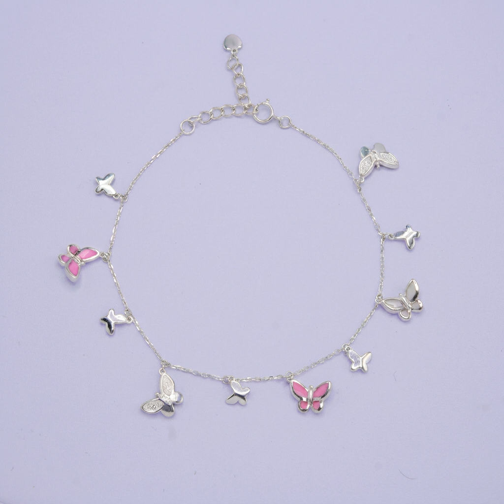 Pulsera de Plata .925 con Colgantes de Mariposas Rosas mod. 2677
