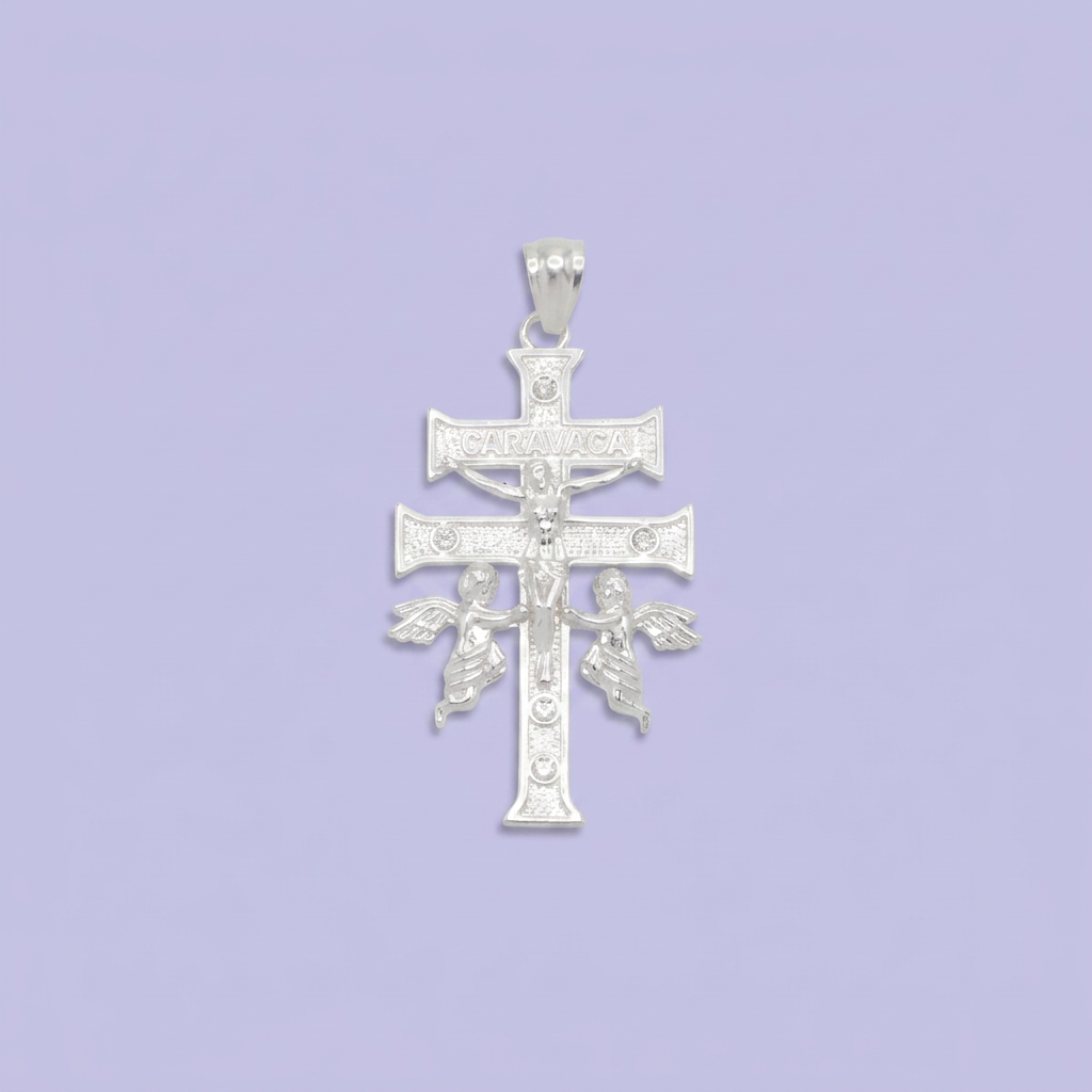 Dije de Plata .925  Cruz de Caravaca Angeles con Zirconias mod. 2743