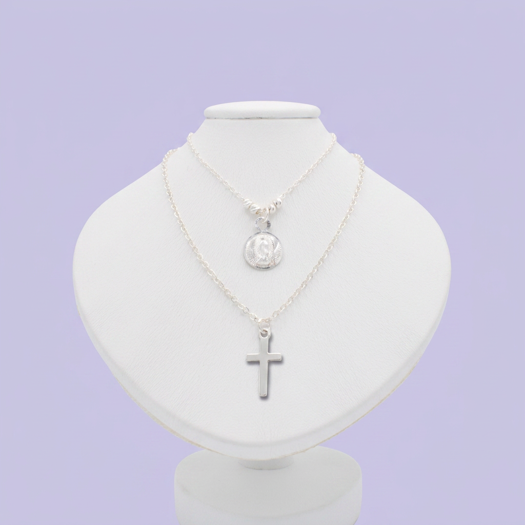 Gargantilla de Plata .925 Diseño Doble con Pequeña Medalla de la Virgen y Cruz Brillante mod. 2991