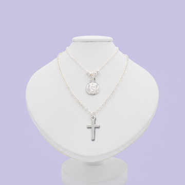 Gargantilla de Plata .925 Diseño Doble con Pequeña Medalla de la Virgen y Cruz Brillante mod. 2991