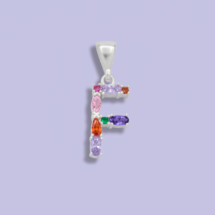Dije de Plata .925 Letra F Zirconias de Colores mod. 2210