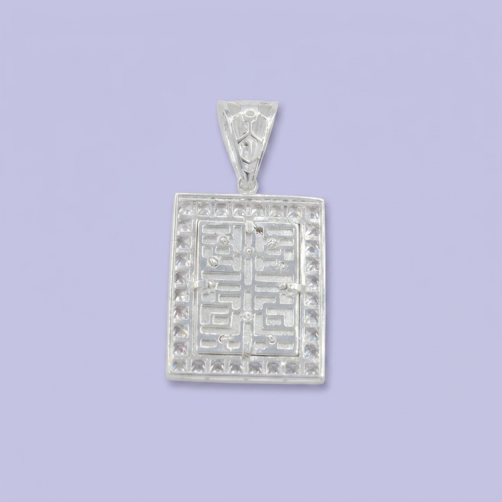 Dije Bulto de Plata .925 de Diseño Rectangular con Imagen de Malverde Detallado con Zirconias mod. 2754