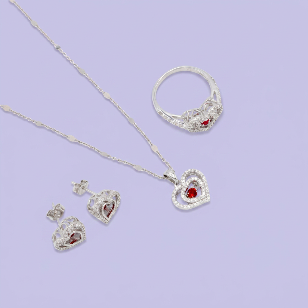 Coordinado de Plata .925 Corazón Doble con Incrustación de Zirconias y Centro de Zirconia Rojo mod. 2945