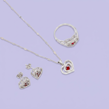 Coordinado de Plata .925 Corazón Doble con Incrustación de Zirconias y Centro de Zirconia Rojo mod. 2945