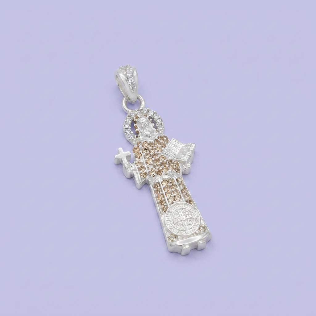 Dije Bulto de Plata .925 San Benito con Zirconias Color Ambar mod. 2747